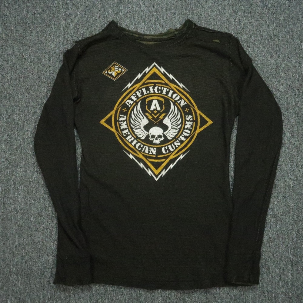 Affliction Pullover Womens Large Green Camo Reversible Crew Thermal Skull VTG